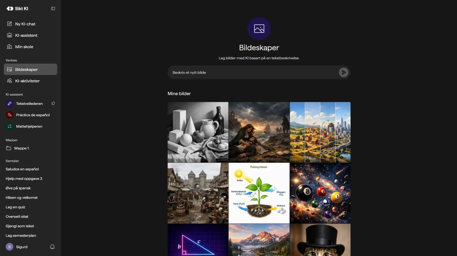 Bildeskaper med et felt for å beskrive et nytt bilde, og et galleri av tidligere genererte bilder.