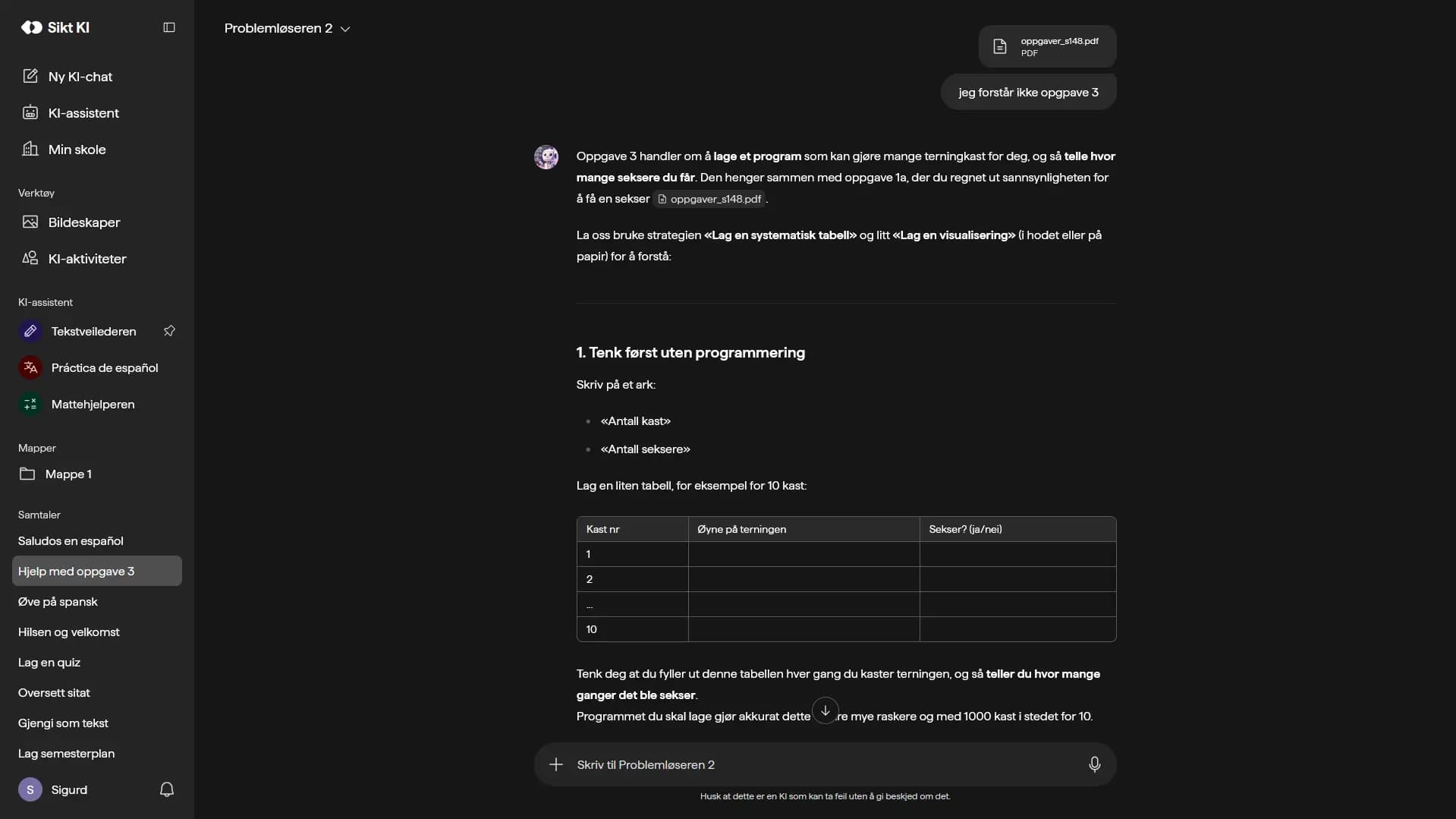 KI-chat der assistenten Problemløseren forklarer en matematikkoppgave fra en opplastet PDF, steg for steg.