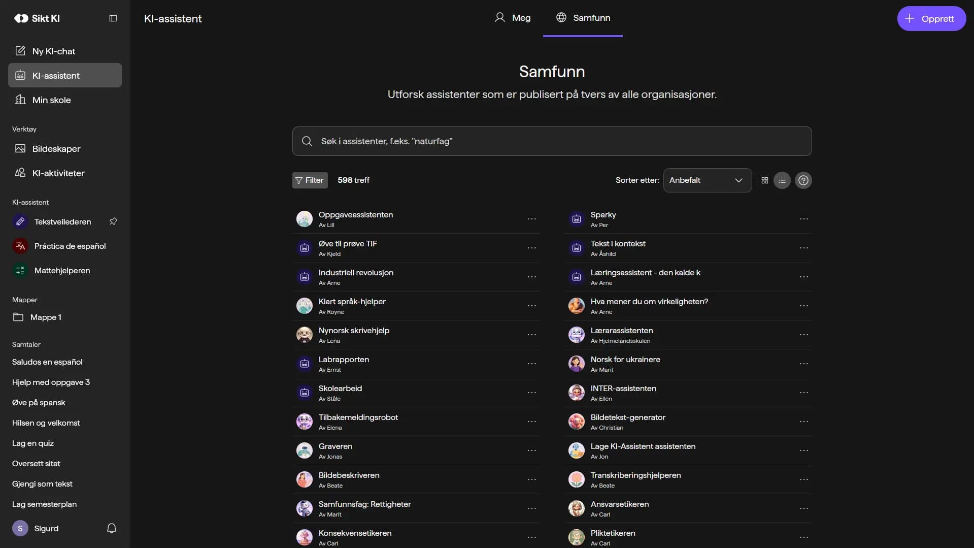 Samfunn-siden med søk, filtre og en liste over assistenter som er delt på tvers av organisasjoner.